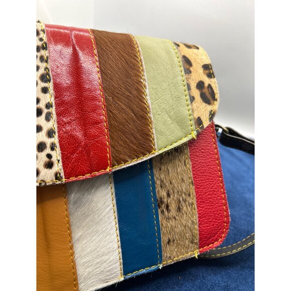 Patchwork Leather Crossbody Bag - Multicolor Stripes Adjustable Strap Animal Pri - Picture 10 of 16